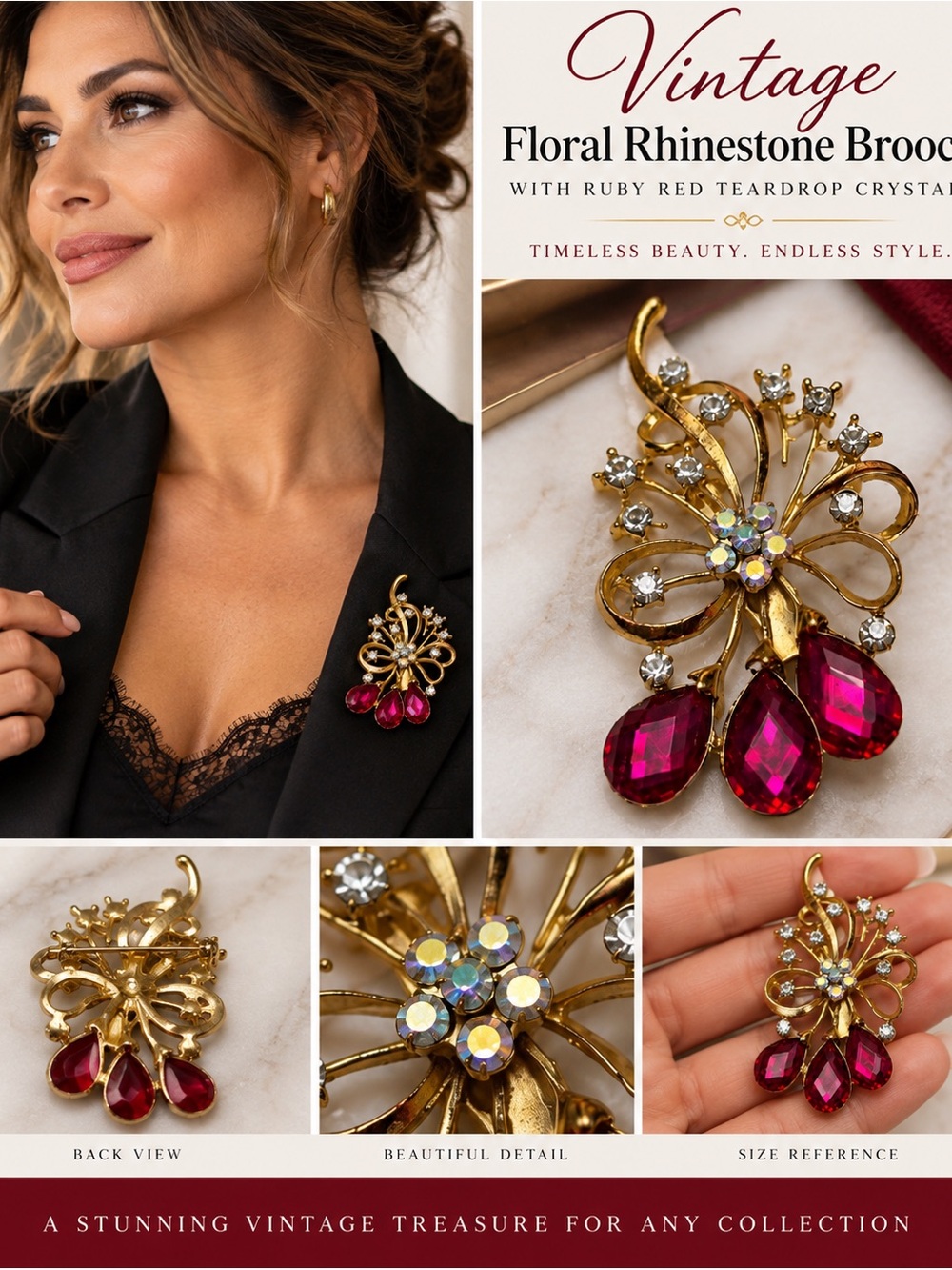Vintage Gold Tone Floral Rhinestone Brooch with Ruby Red Teardrop Crystals